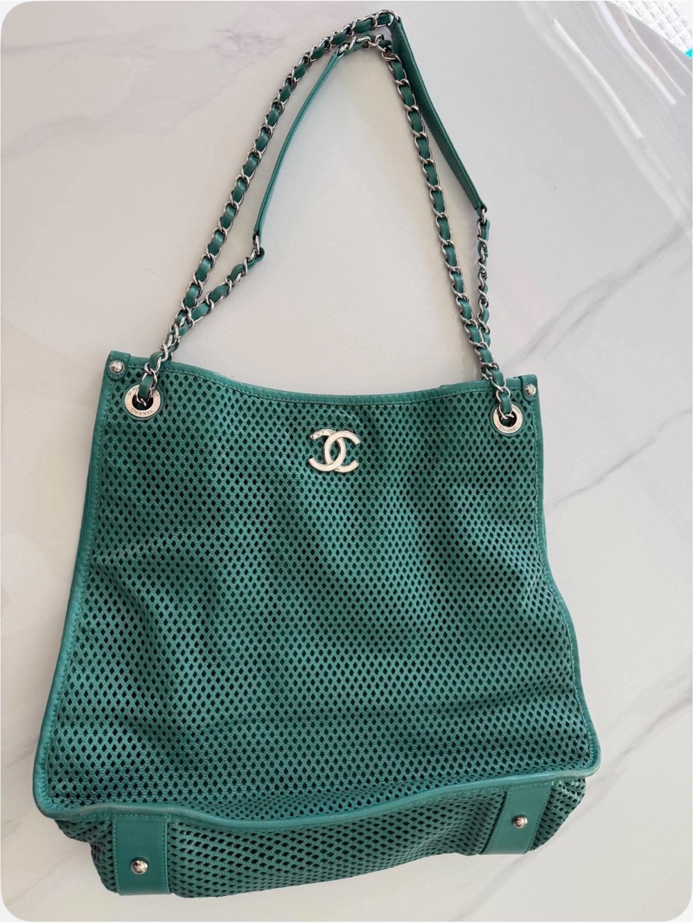 CHANEL Up in the Air Perforated Leather Tote Bag Green Teal